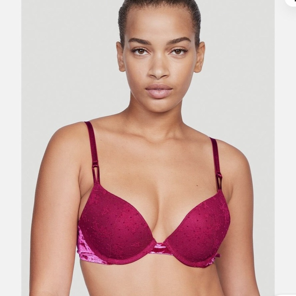 NEW 34 DDD Berry Pink LACE VELVET Wings Extreme Lift Victorias Secret Bra
